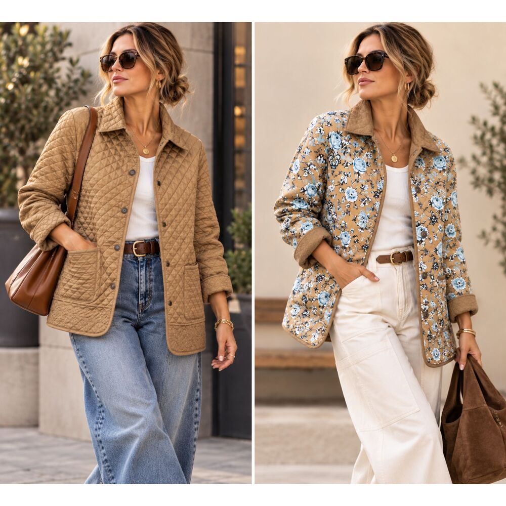 Denim & Co Reversible Quilted Barn Jacket Chore Coat Tan/Blue Floral PlusSize 1X